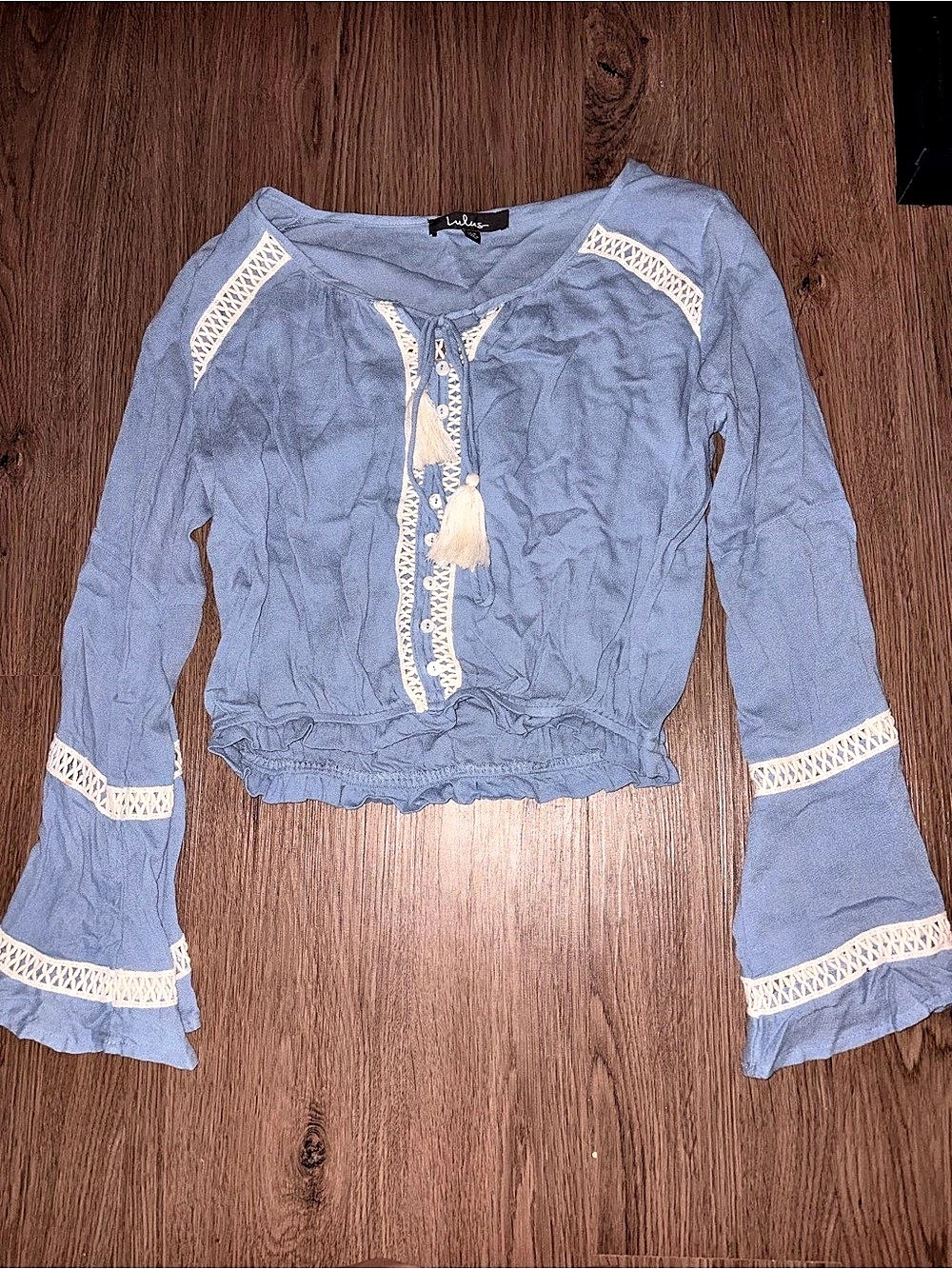 Lulus Blue Boho Crochet Bell Sleeve Crop Top Size XS